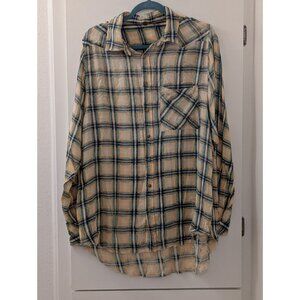 FP One Distressed Plaid Button-Up Shirt With Frayed Hem Beige & Blue Size L